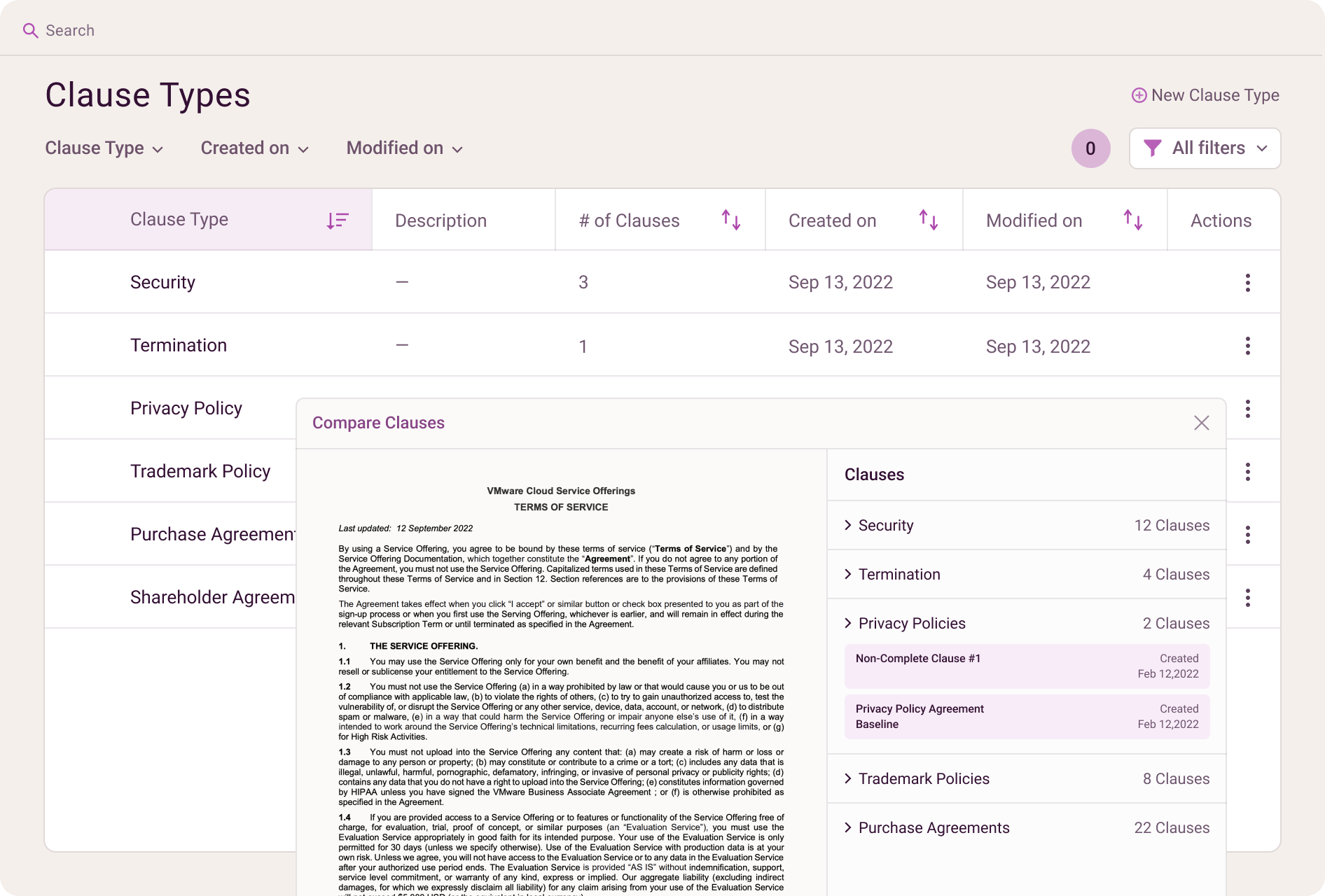 Clause Library interface