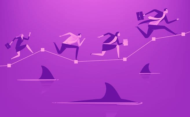 Cartoon graphic of business professionals using AI in supplier risk management surrounded by sharks